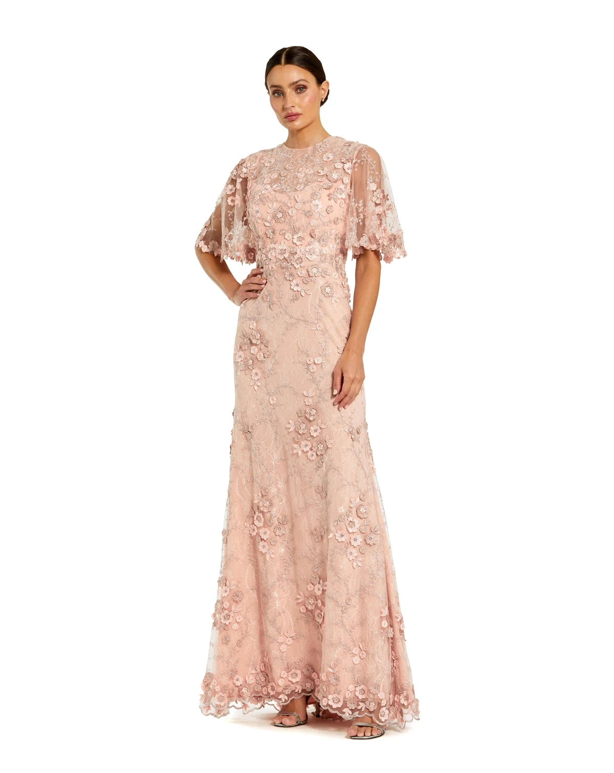 Petite women's Flutter Sleeve Floral Embroidered Net Gown