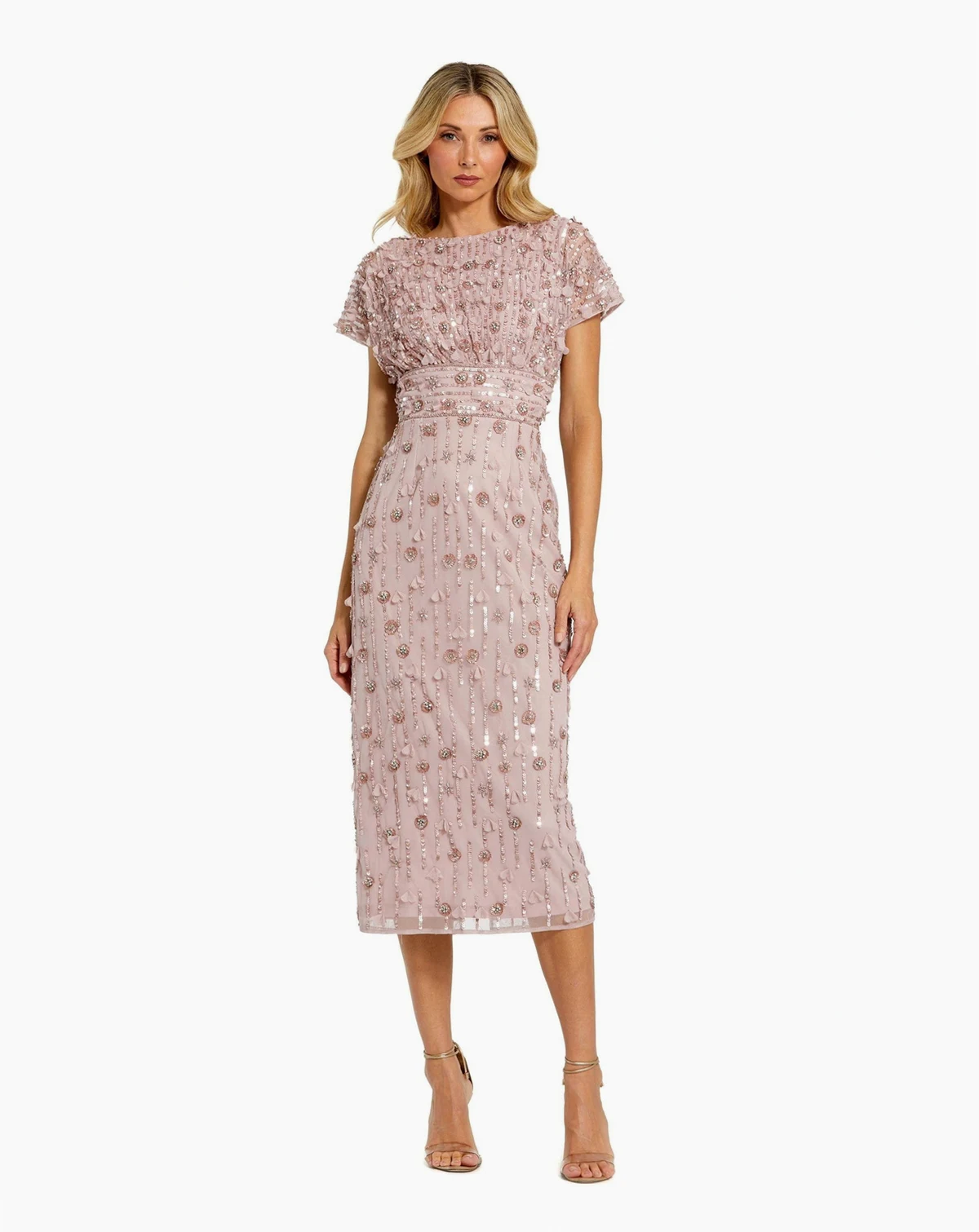 Petite Cap Sleeve Sheath Midi Dress With Floral Beading