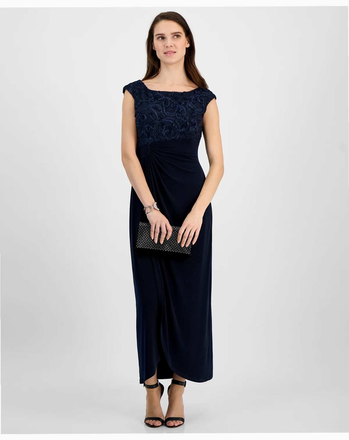 Petite Soutache Faux-Wrap Gown