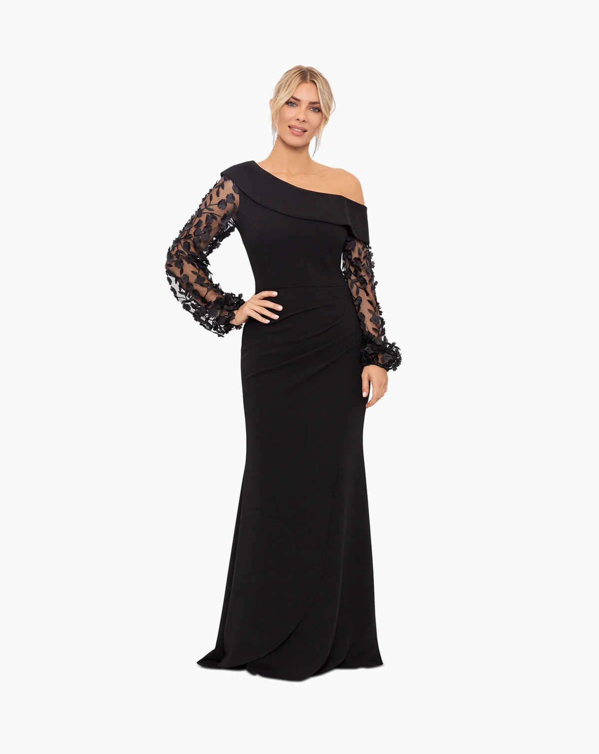 Petite Off-The-Shoulder Floral-Sleeve Gown