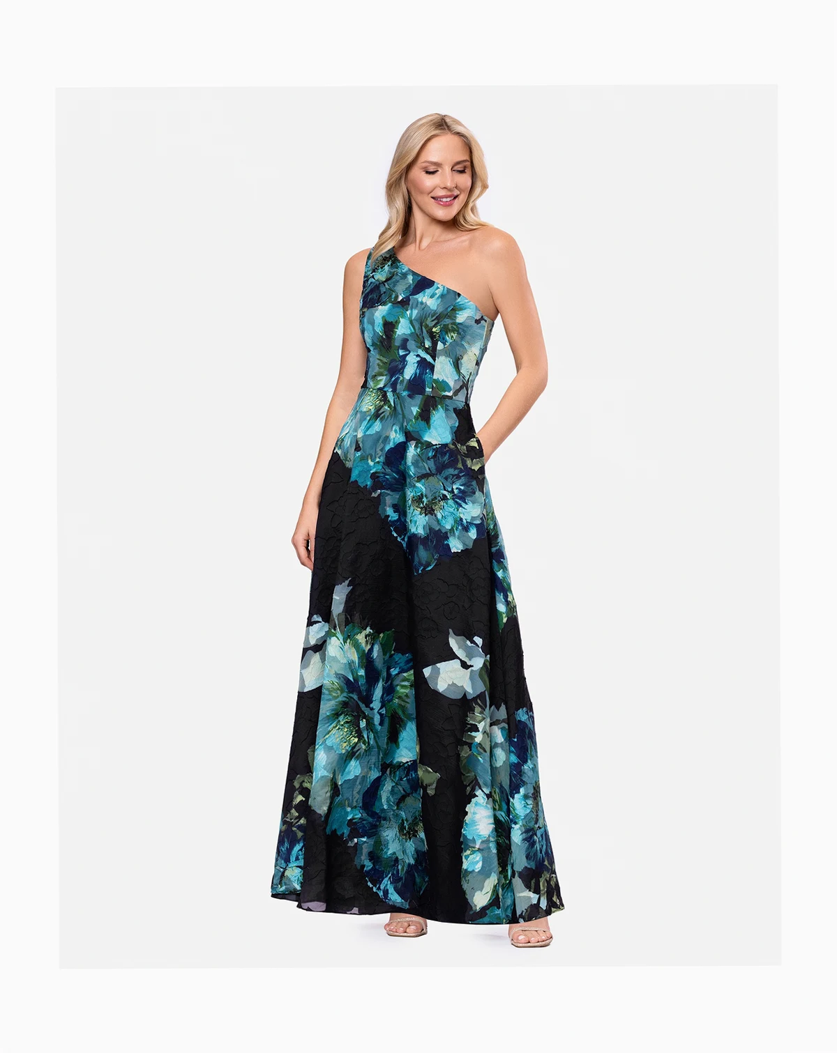 Petite Printed One-Shoulder Ball Gown Dress