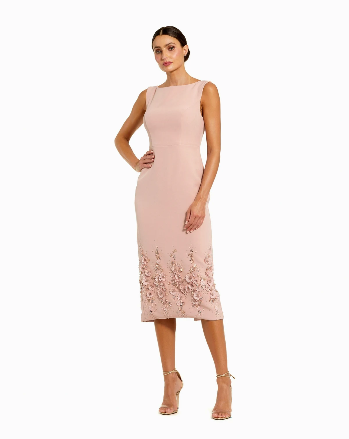 Petite Crepe Sleeveless Midi Dress With Flower Beading