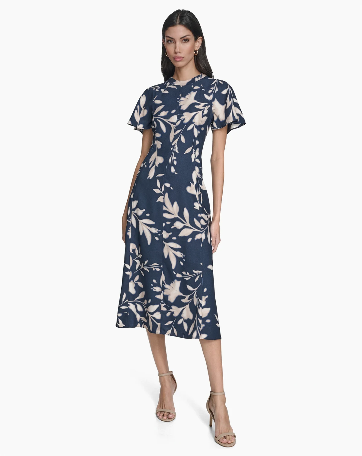 Women's Printed Flutter Sleeve Crew Neck Midi Dress