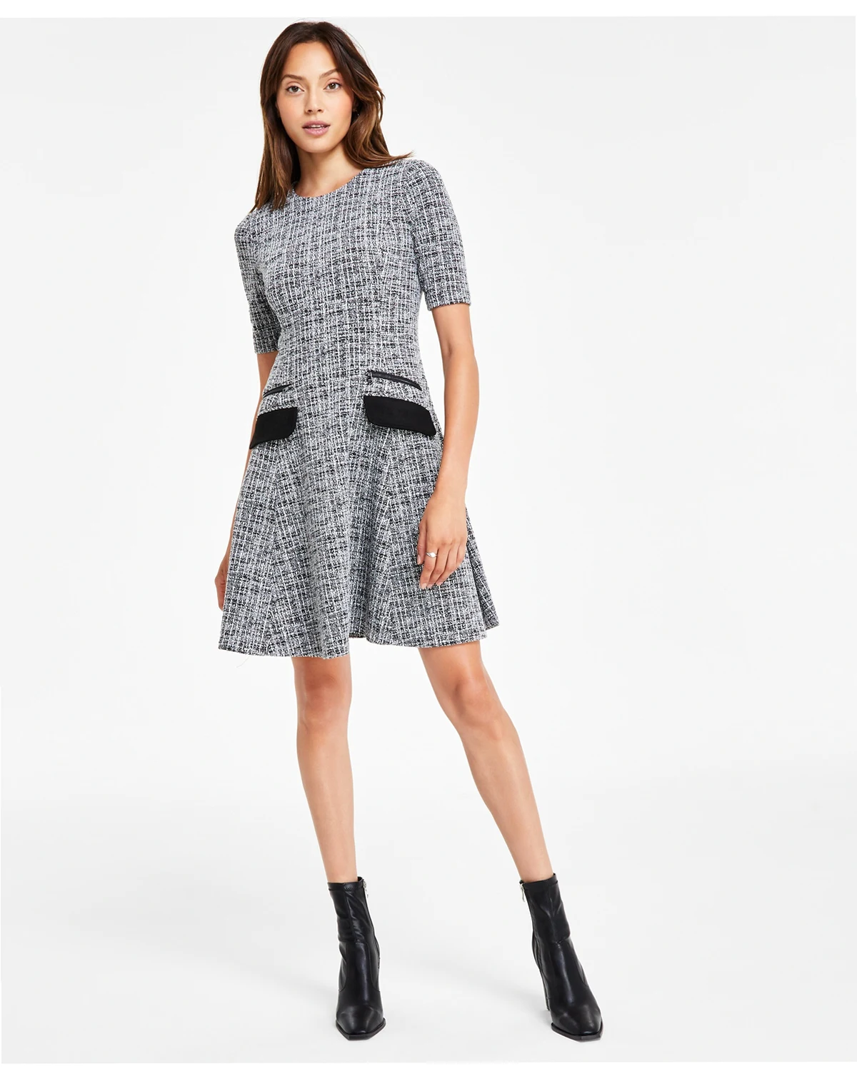 Short Sleeve Zipper Flap-Pocket A-line Tweed Dress