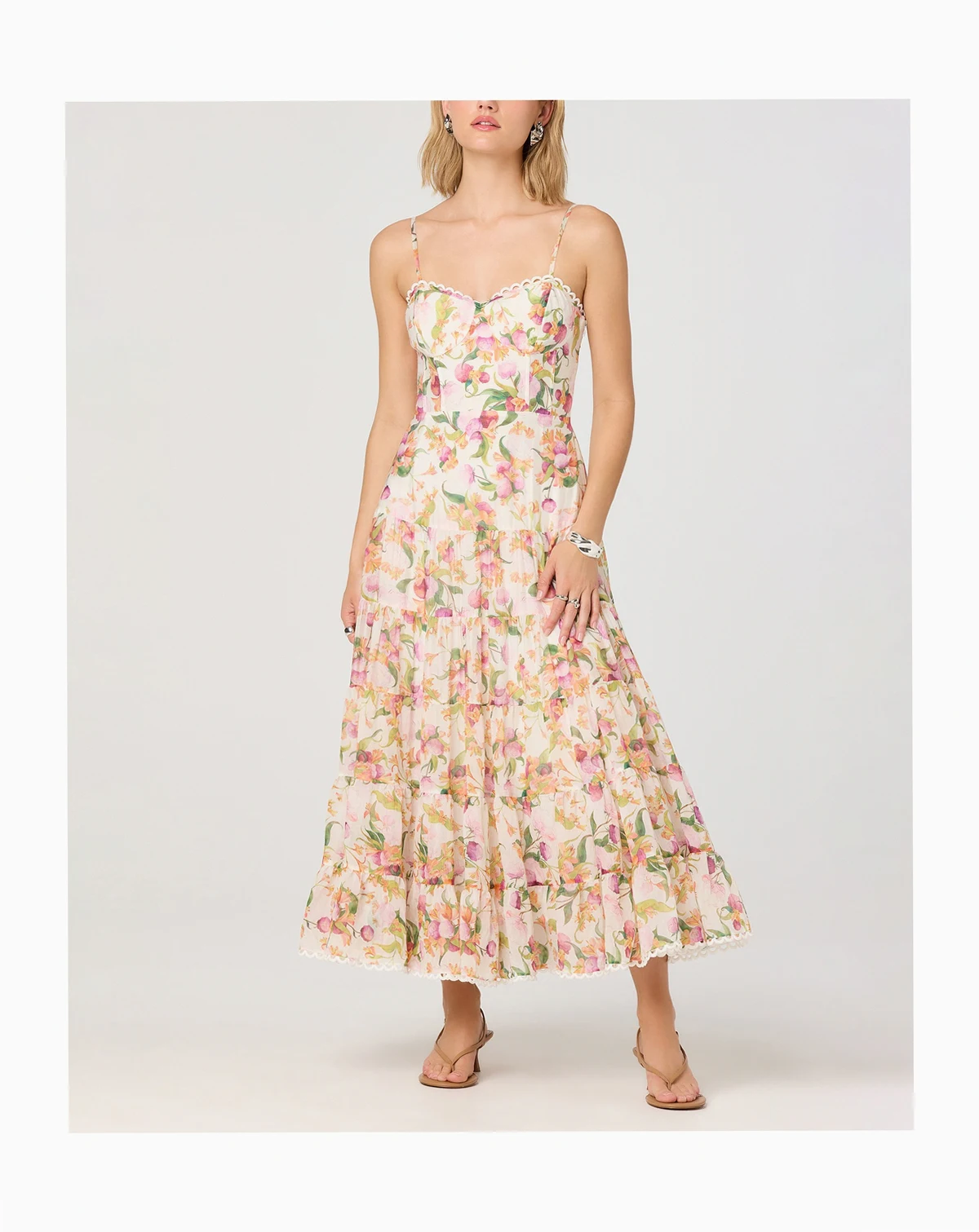 Women's Sweetheart Neck Floral Fit & Flare Tiered Midi Dress