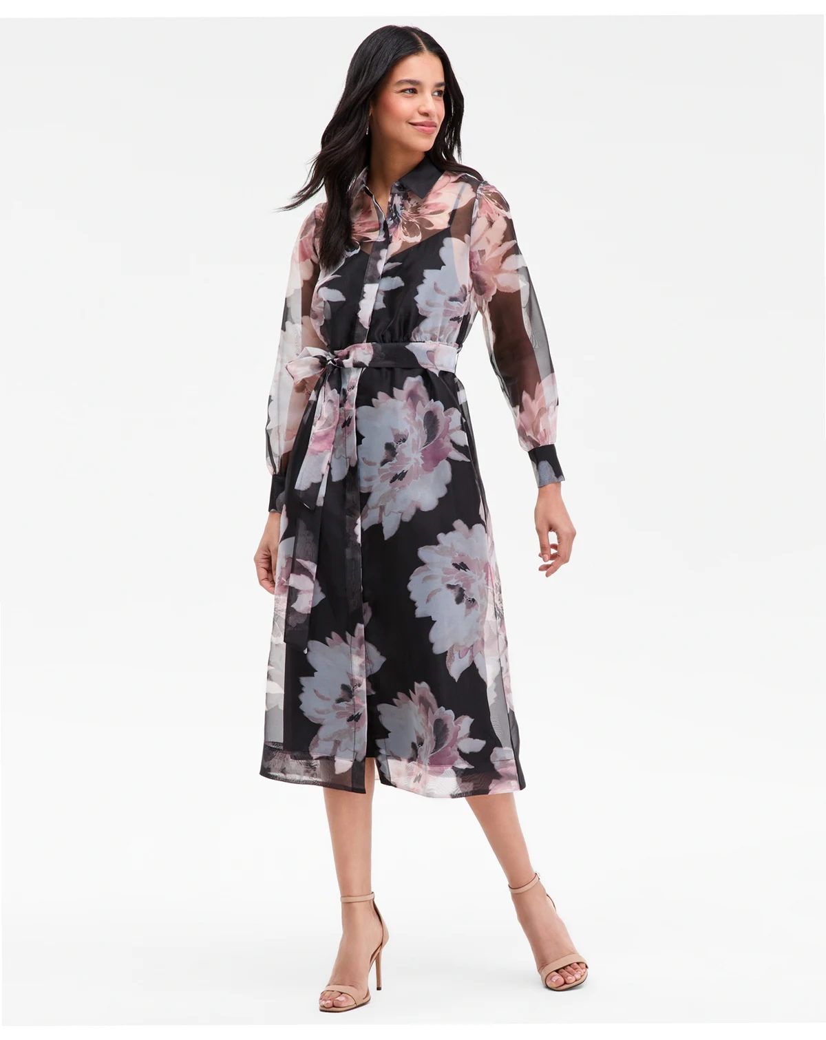 Women's Floral Organza Long-Sleeve Shirtdress