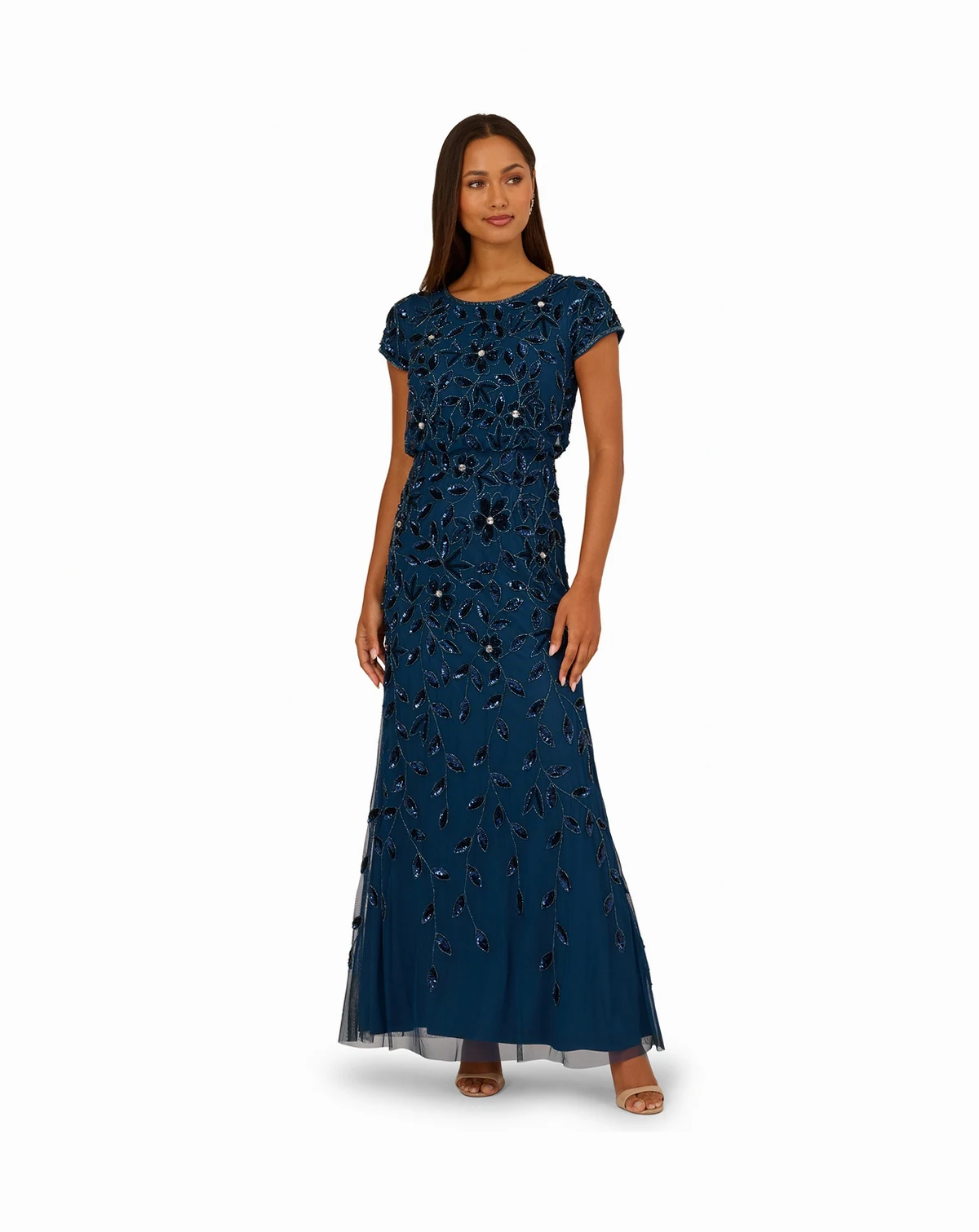 Women's Boat-Neck Blouson Beaded Gown