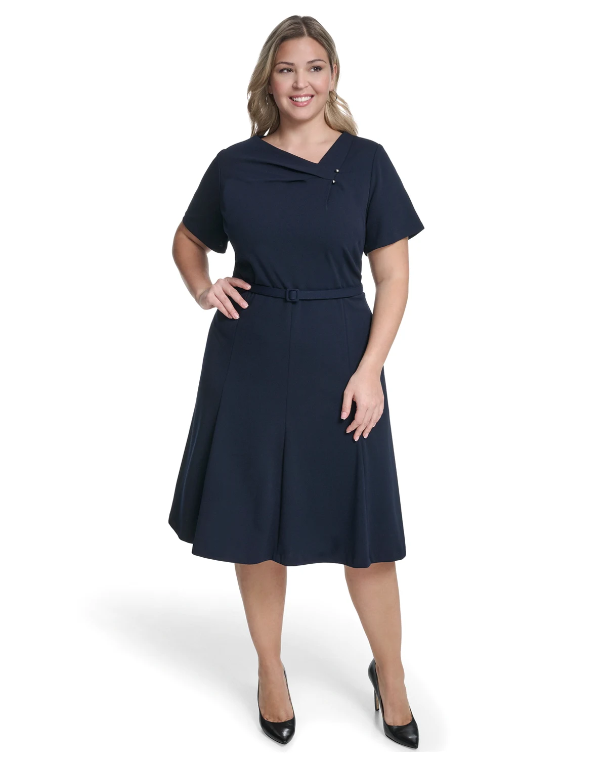 Plus Size Asymmetrical Neck A-Line Midi Dress