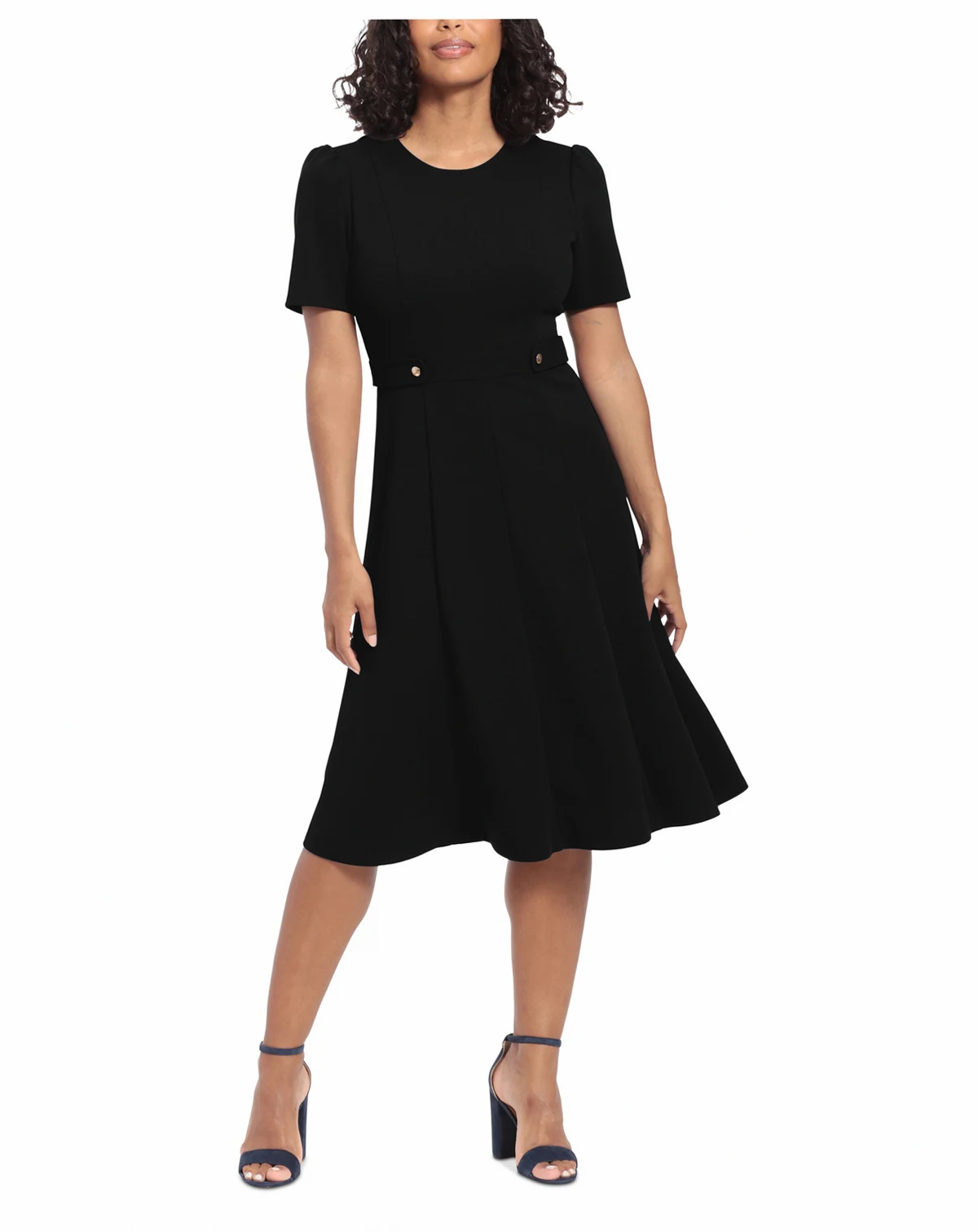 Women's Puff-Sleeve Tab-Detail Fit & Flare Dress