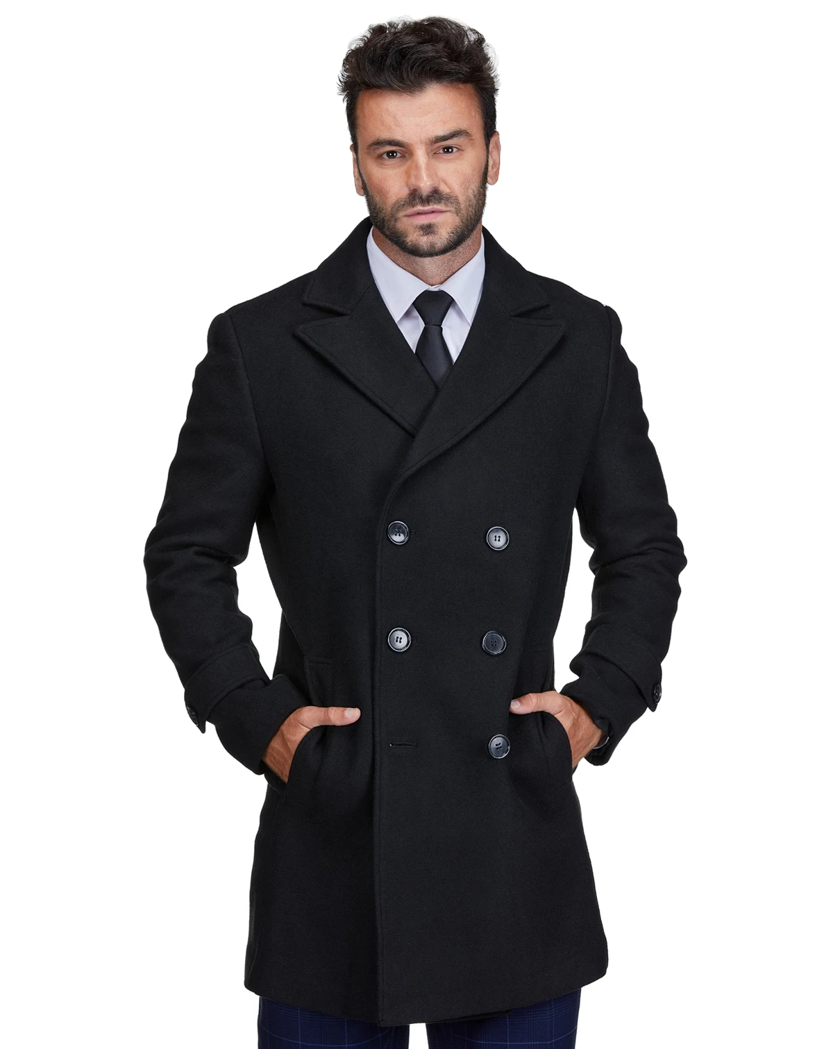Men's Double Breasted Pea Coat Wool Blend Dress Peacoat