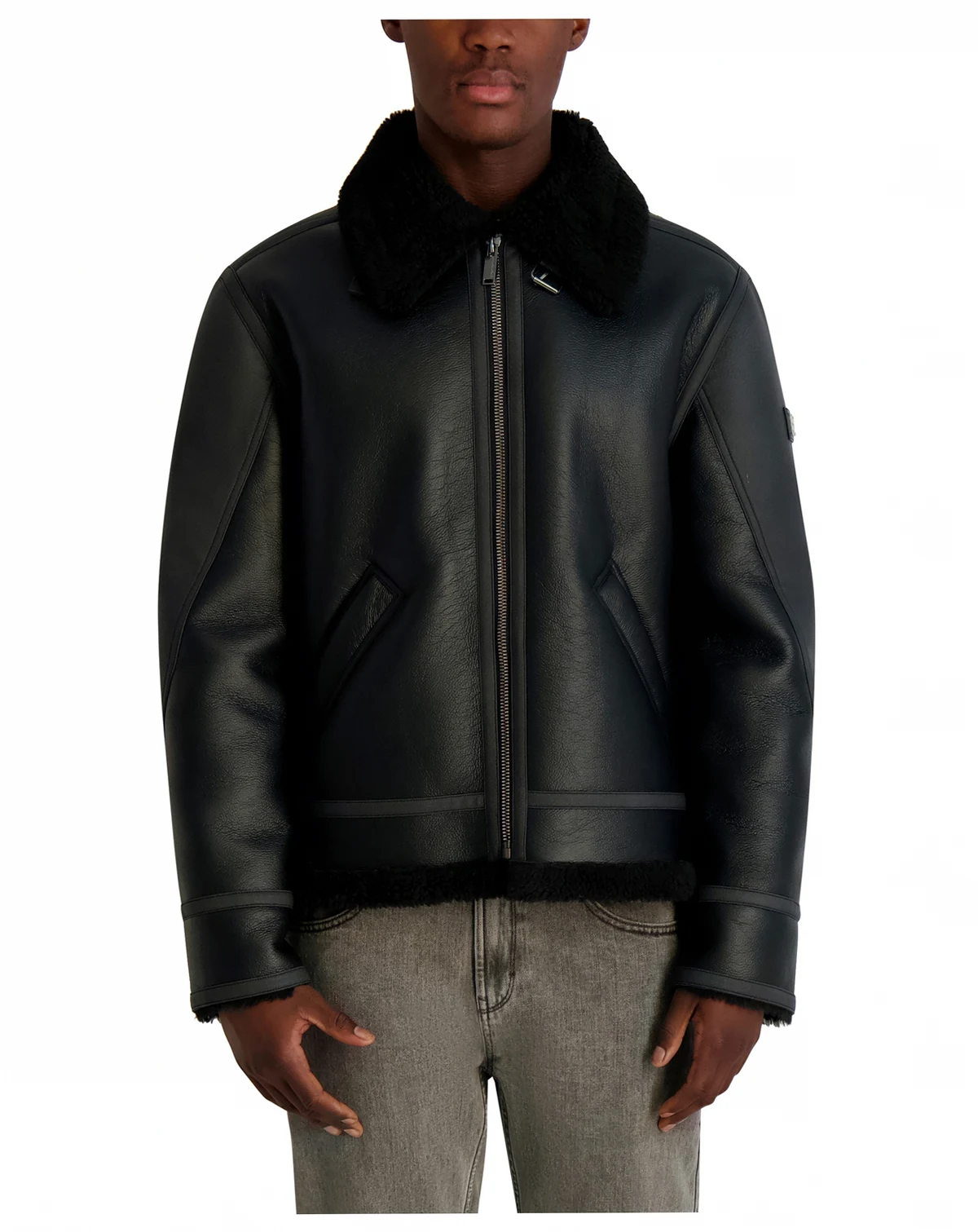 Men's Faux Leather Sherpa Lined Collared Jacket