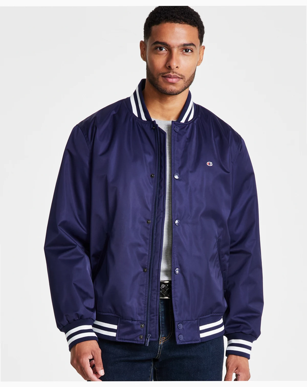 Men's Classic Logo Striped-Trim Varsity Jacket