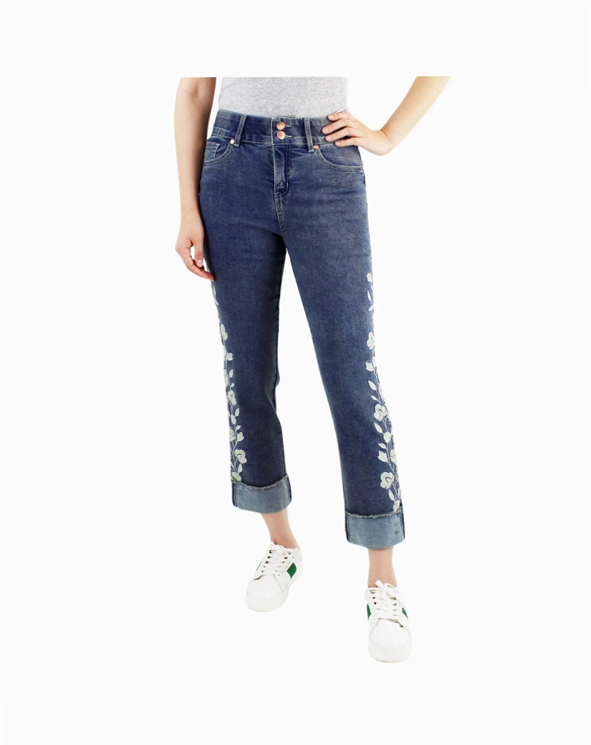 Women's Two Button Tummy Control Embroidered Wide Cuff Crop