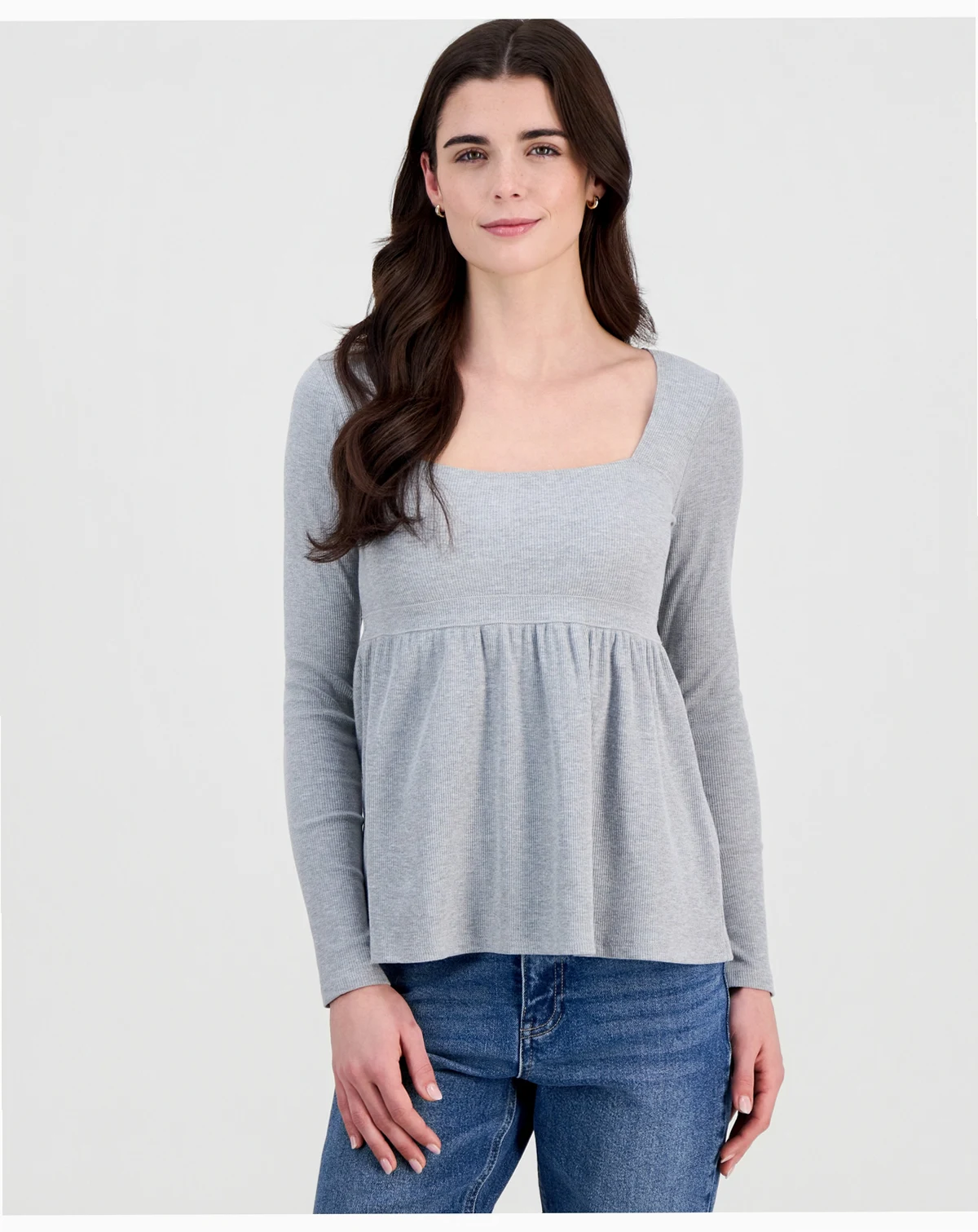 Juniors' Long Sleeve Ribbed Babydoll Top