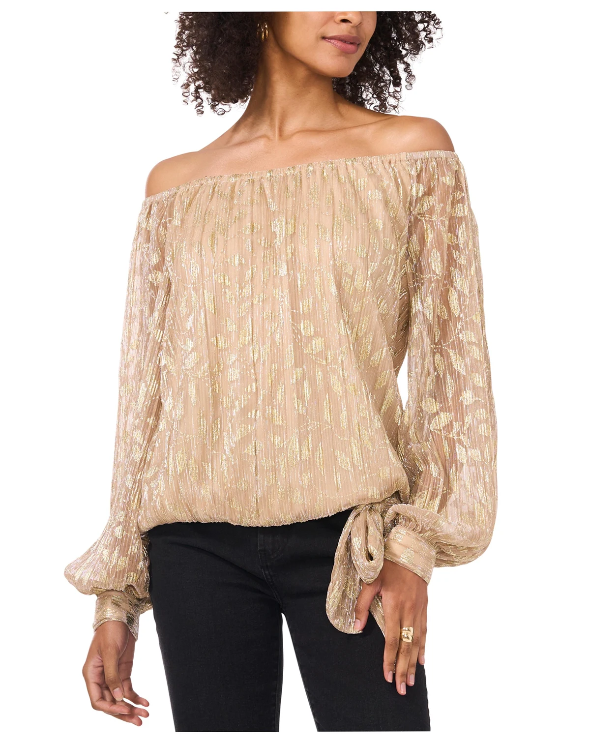 Women's Metallic-Print Off-The-Shoulder Tie-Hem Top