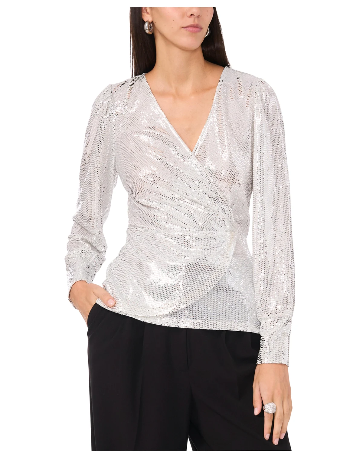 Women's Sequined Faux-Wrap Long-Sleeve Top