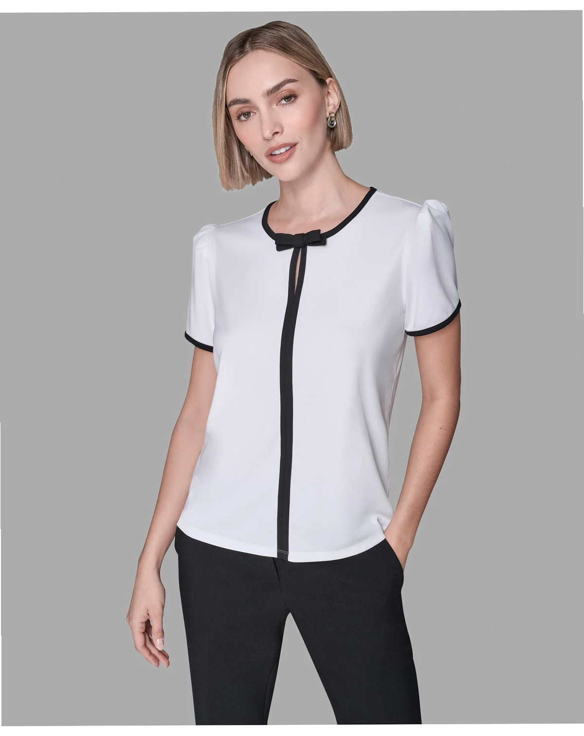 Women's Keyhole Neck with Bow Contrast Piping Top