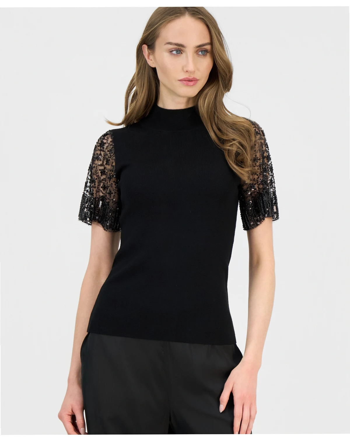 Women's Beaded-Sleeve Mock Neck Sweater