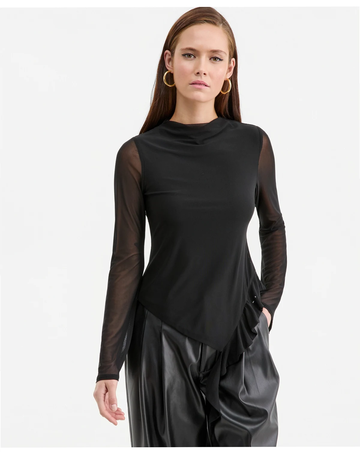 Women's Mock-Neck Asymmetrical Ruffled-Hem Top, Macy's Exclusive