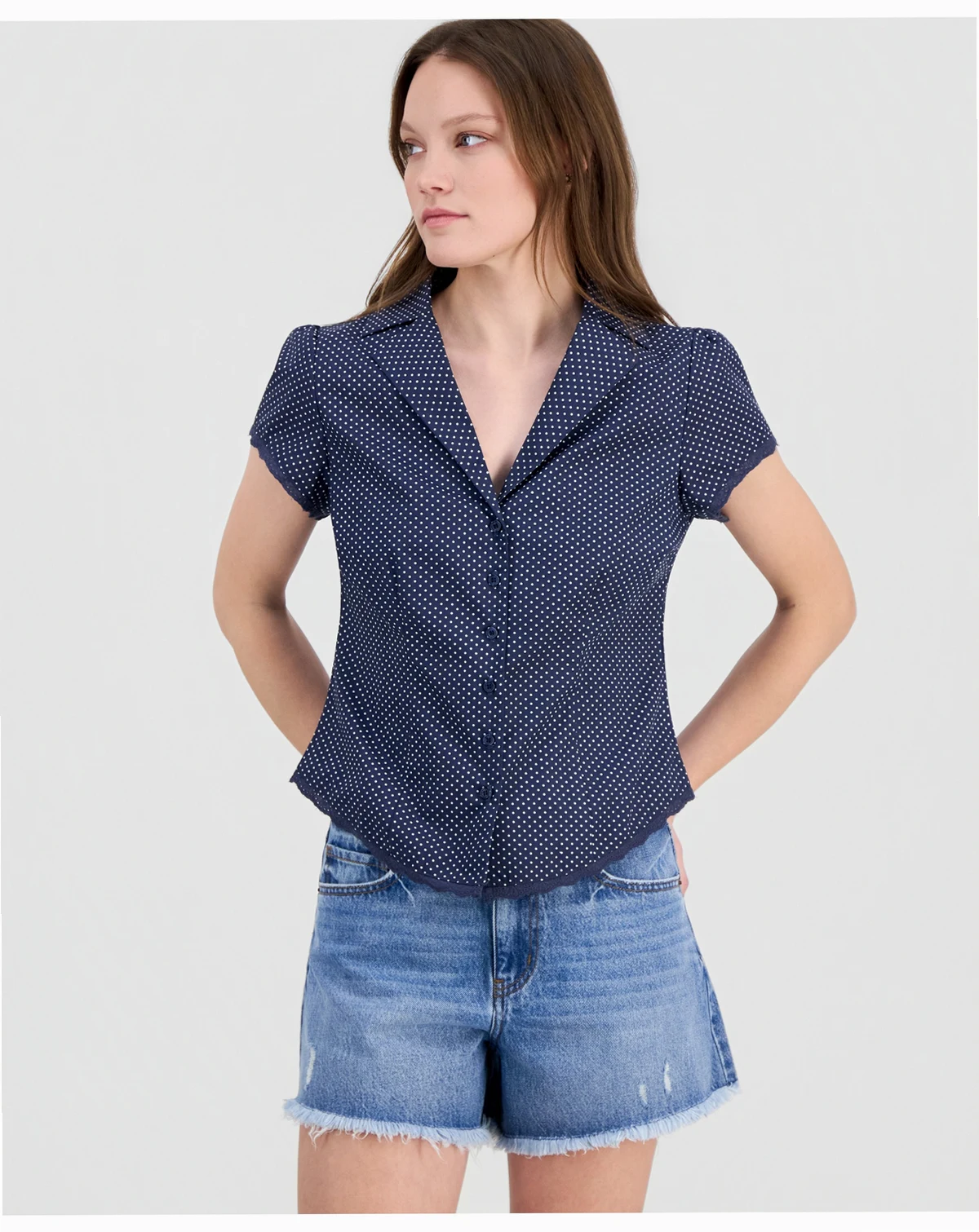 Juniors' Button-Front Printed Cotton Shirt