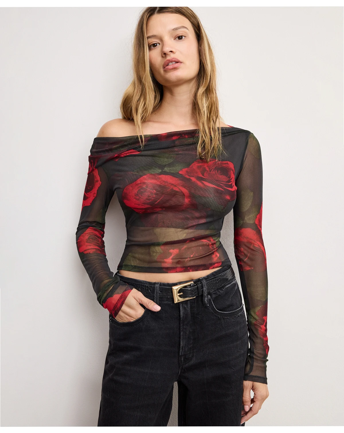 Women's Mesh Ruched Asymmetric Top, Regular and Plus Size