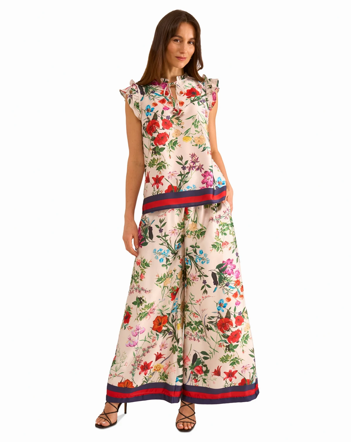 Women's Satin Floral-Print Ruffled Sleeve Top