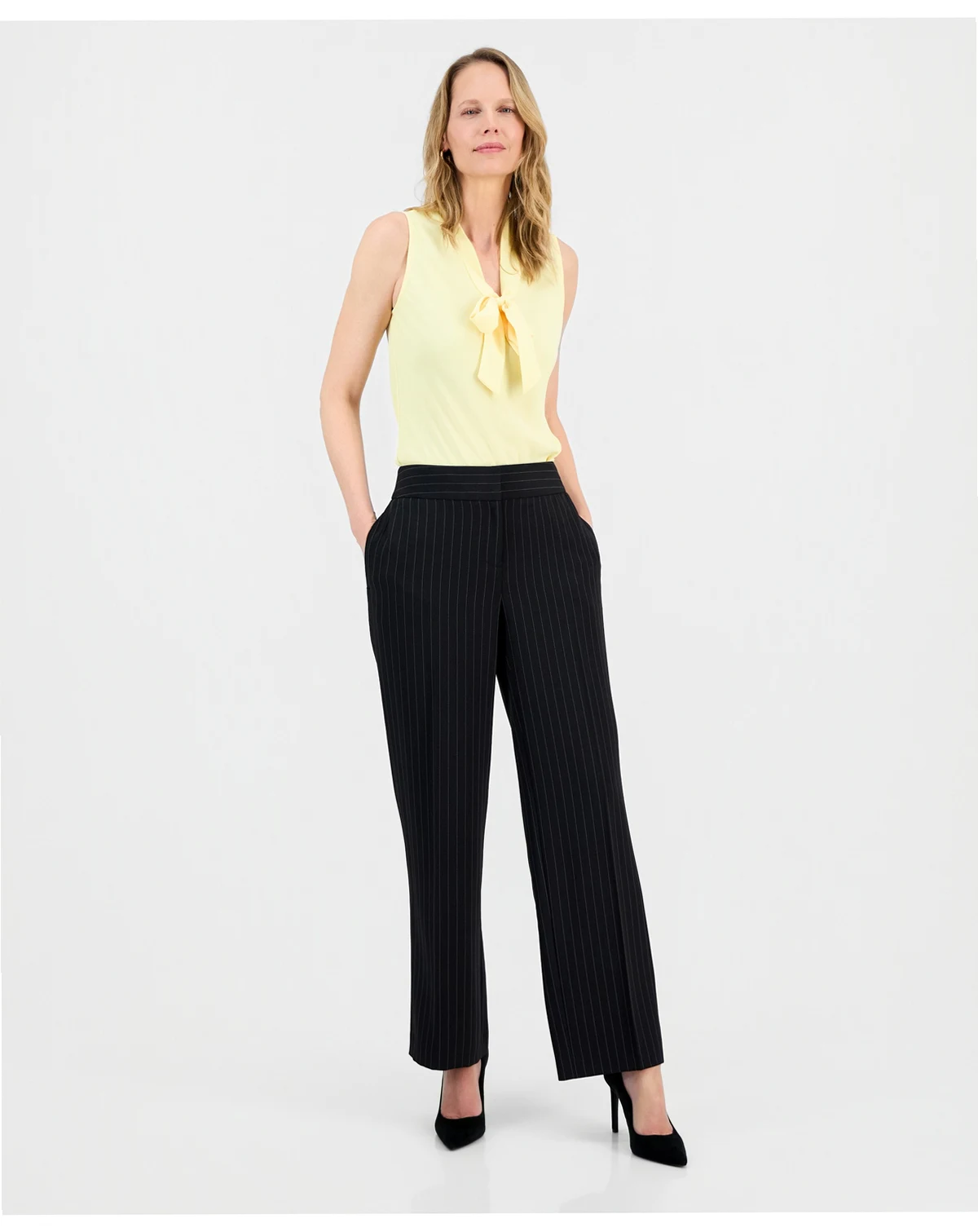 Women's Pinstripe High-Rise Wide Leg Pants, Regular & Petite