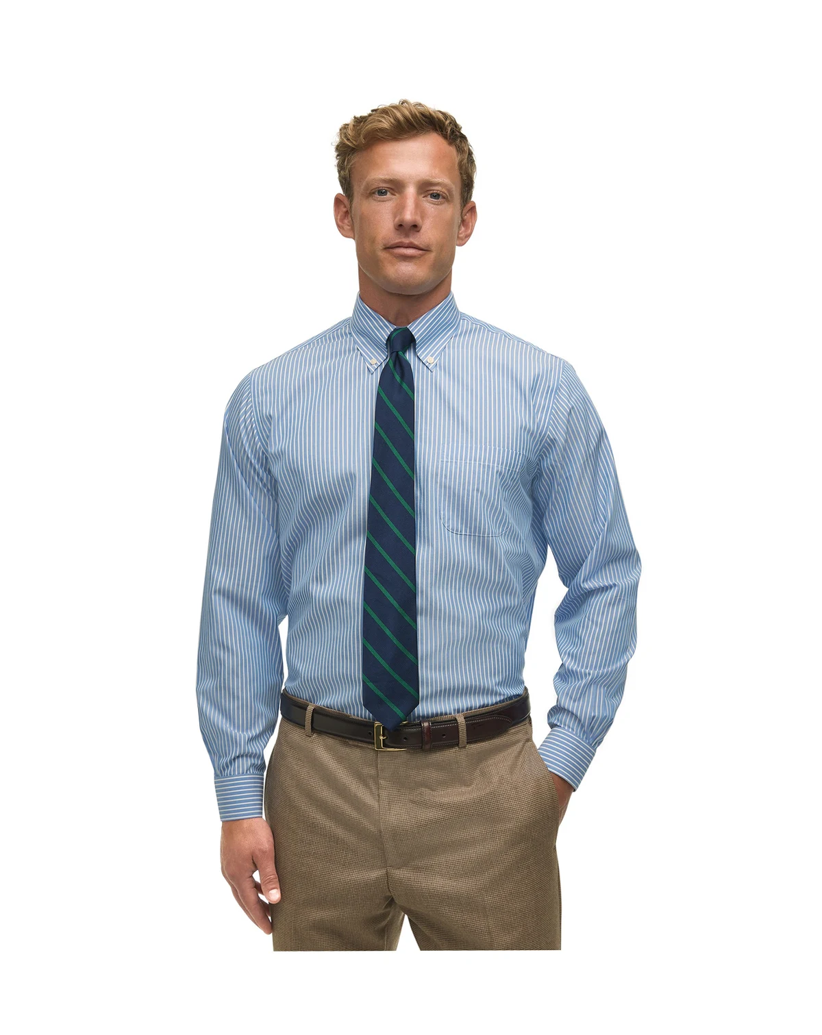 Men's Regular Fit Non-Iron Polo Button-Down Thin Stripe Broadcloth Dress Shirt