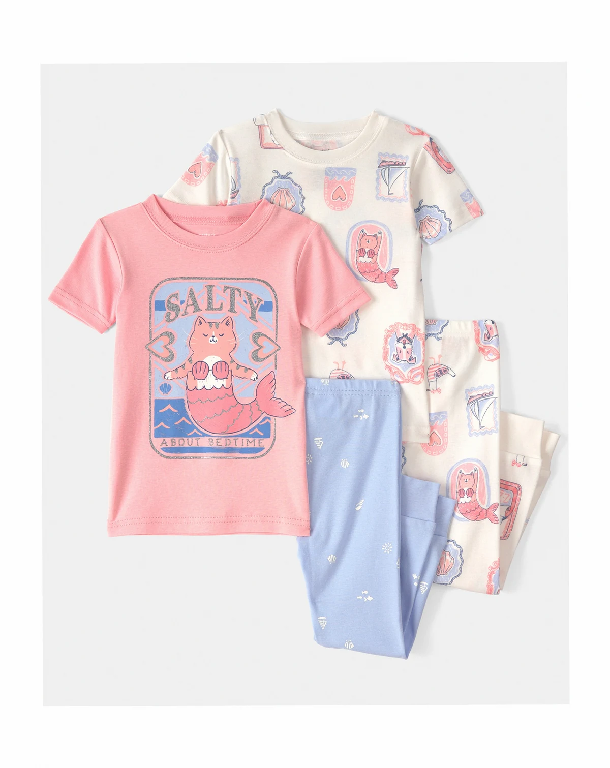 Girls' Toddler 2T-5T Mermaid Cat Print Top and Pajama Pants, 4-Piece Set