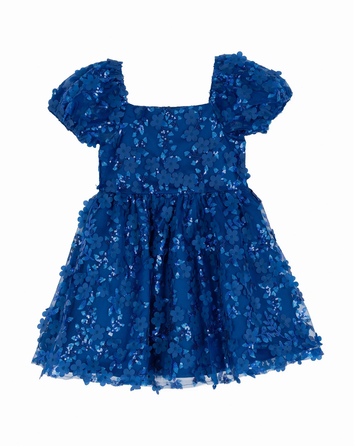 Girls' 2T-6X Square Neck Floral Applique Mesh Dress