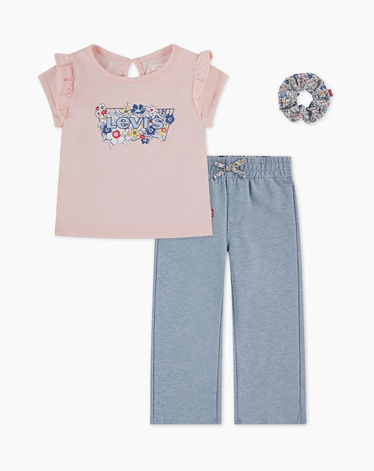 Girls' Toddler 2T-4T Ruffle Shoulder Top, Pants, and Scrunchie, 3-Piece Set