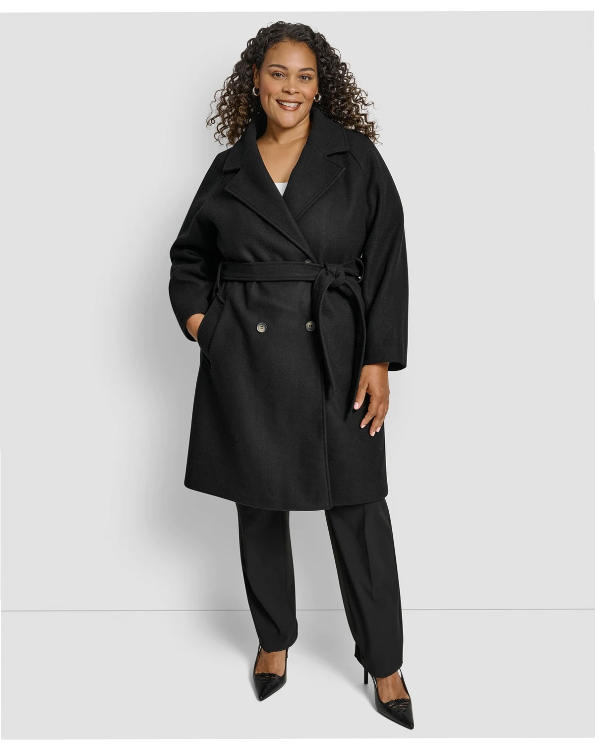Plus Size Belted Notch Collar Coat