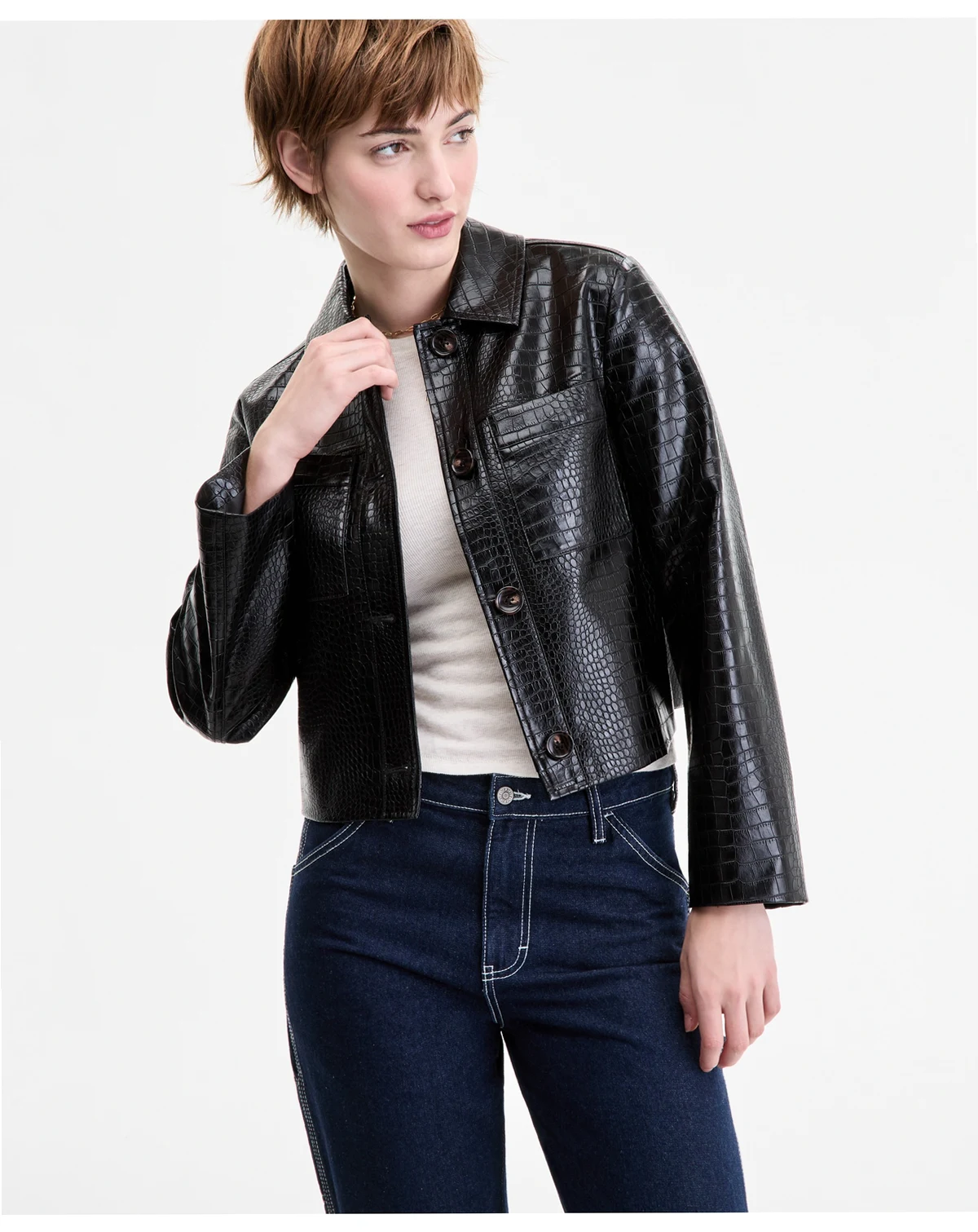 Juniors' Croc-Embossed Faux-Leather Barn Jacket