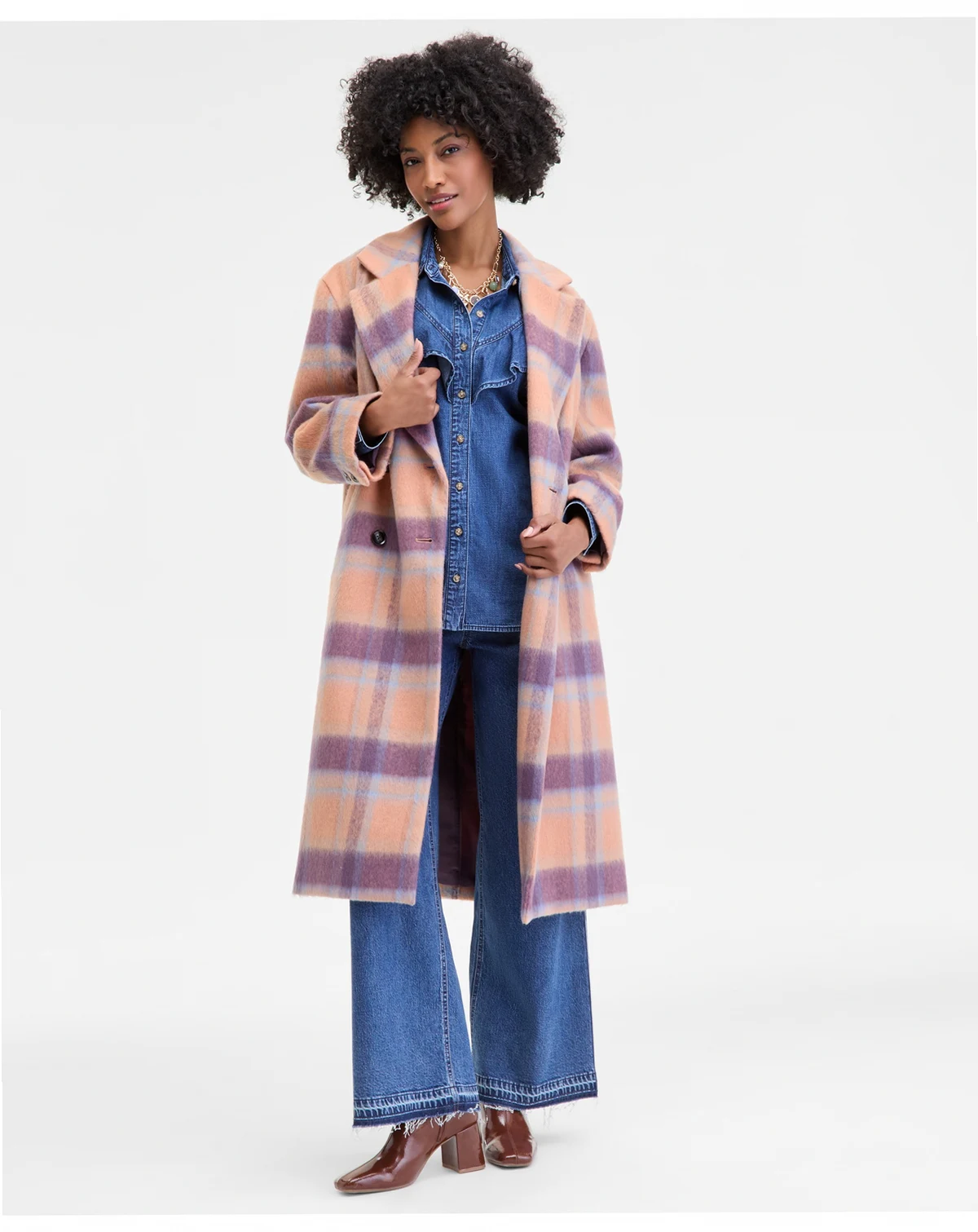 Women's Brushed Plaid Double-Breasted Coat, Macy's Exclusive