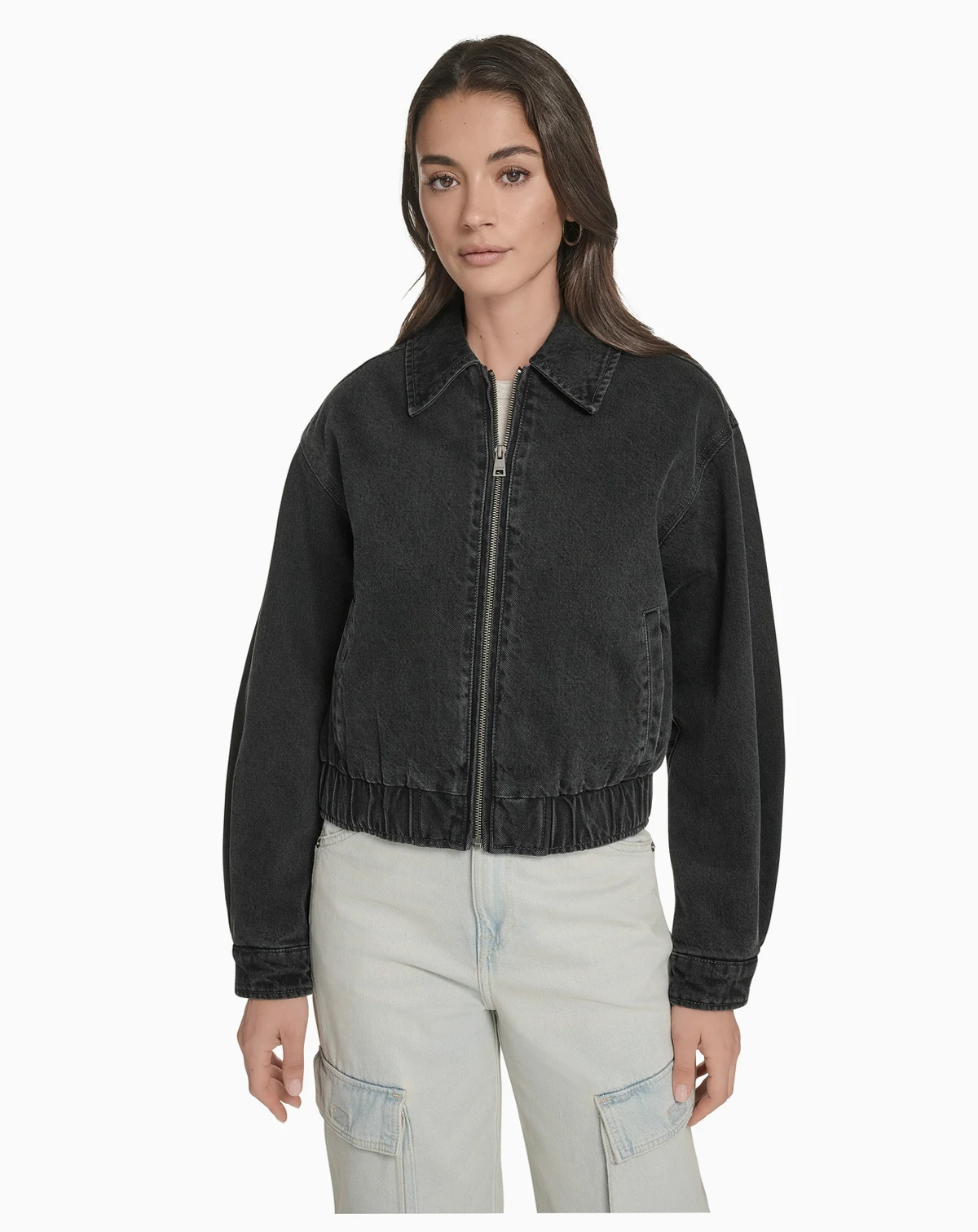 Women's Laydown Collar Denim Bomber Jacket