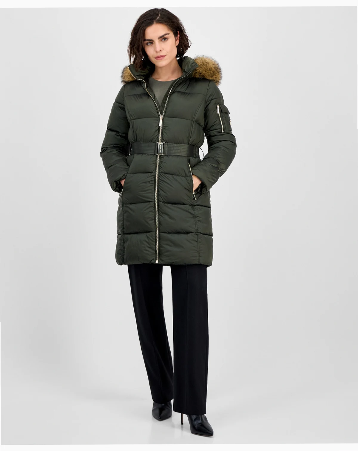 Women's Belted Hooded Faux-Fur-Trim Puffer Coat, Exclusively at Macy's