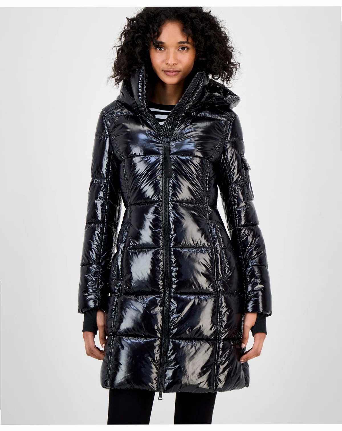 Women's Hooded Thumbhole-Cuff Shine Puffer Coat