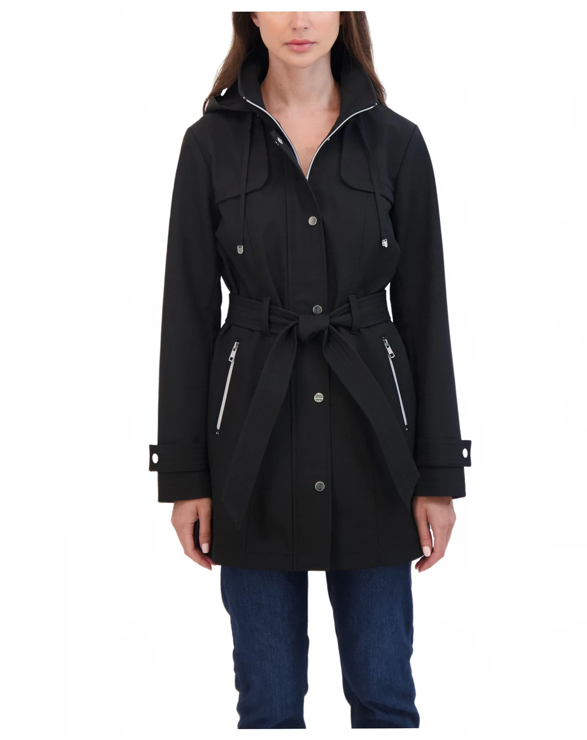 Women's Belted Zip Front Soft Shell Trench Coat With Detachable Hood