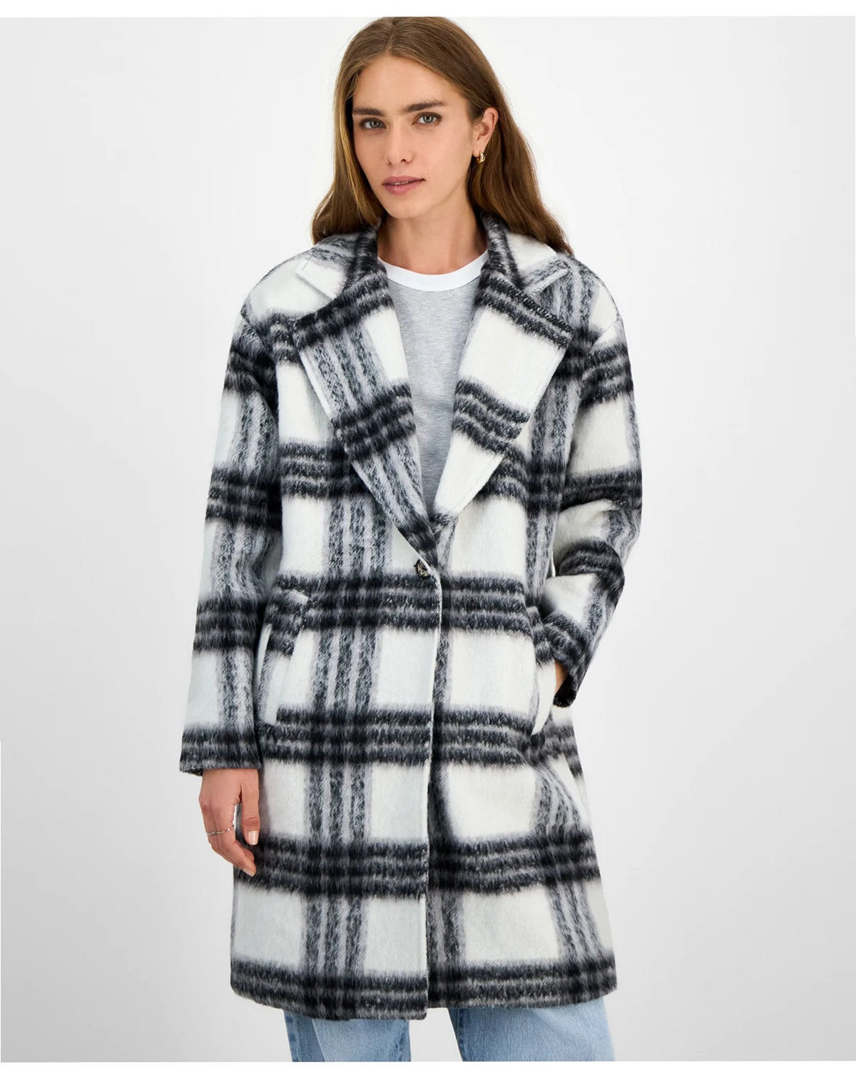 Juniors' Button-Front Plaid Coat