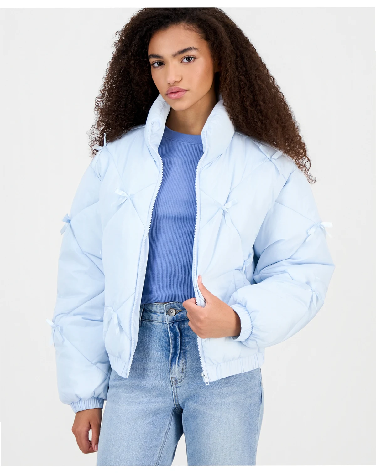 Juniors' Diamond Quilted Bow Puffer Jacket