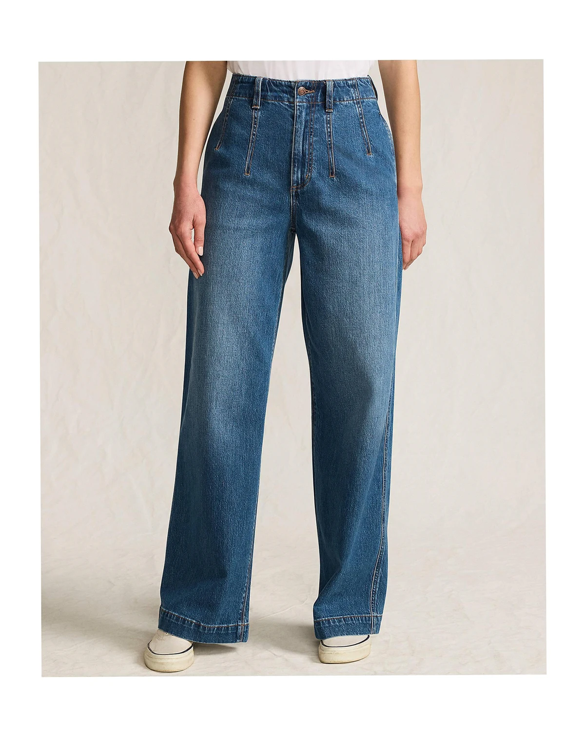Women's Soft Denim High Rise Wide Leg Top Stitch Trousers