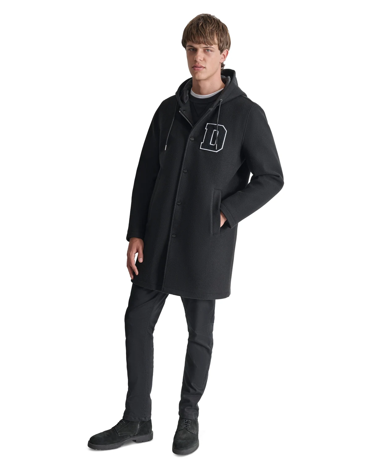 Men's Tufted-Chenille Logo Appliqué Long Hooded Stadium Coat