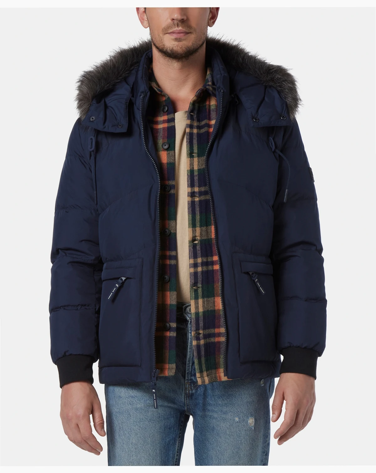 Men's Down Bomber with Faux Fur Trim and Removable Hood