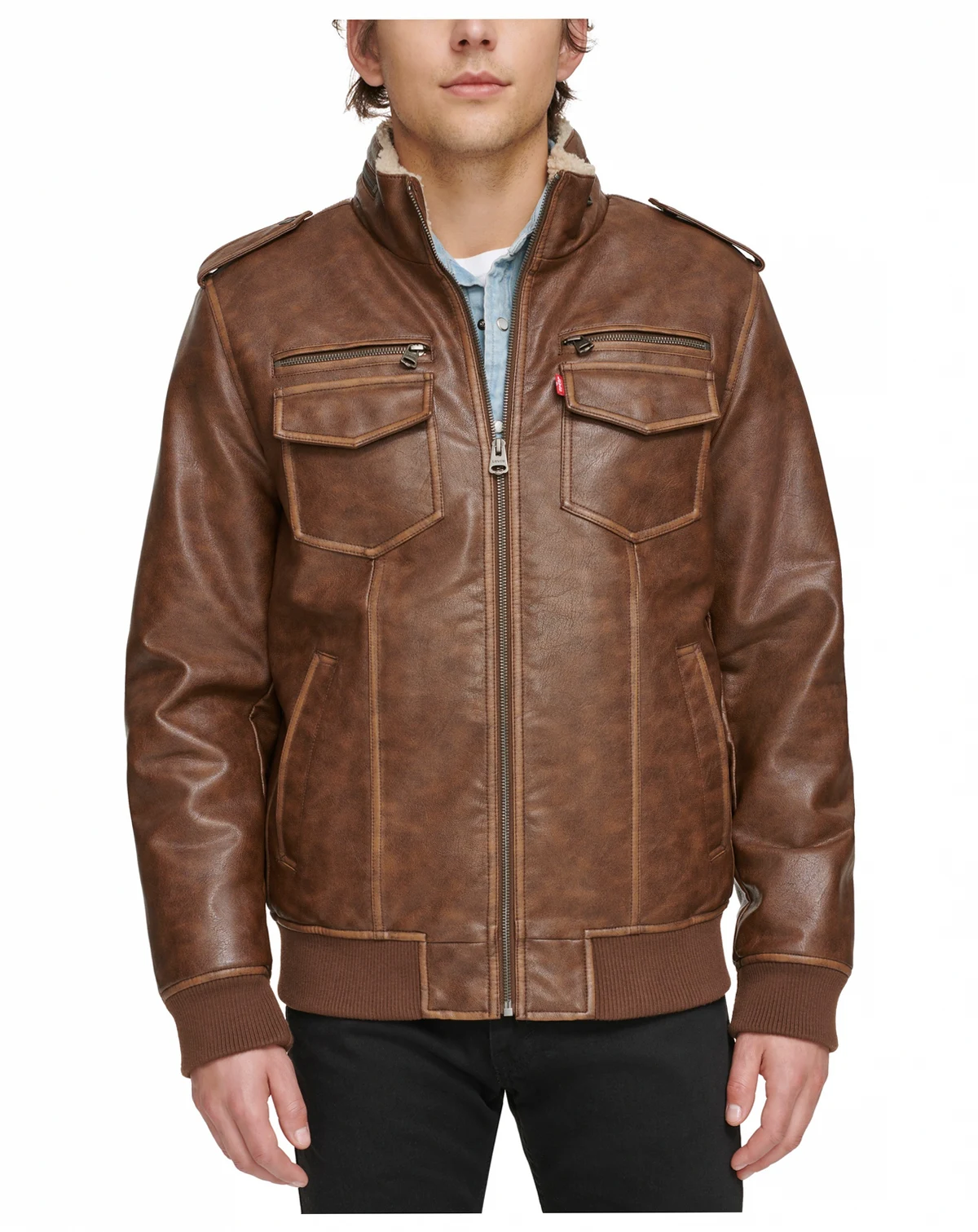 Men's Sherpa Lined Faux Leather Aviator Bomber