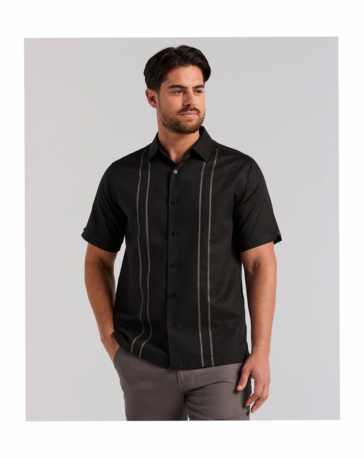 Men's Short-Sleeve Panel Button-Front Linen Camp Shirt