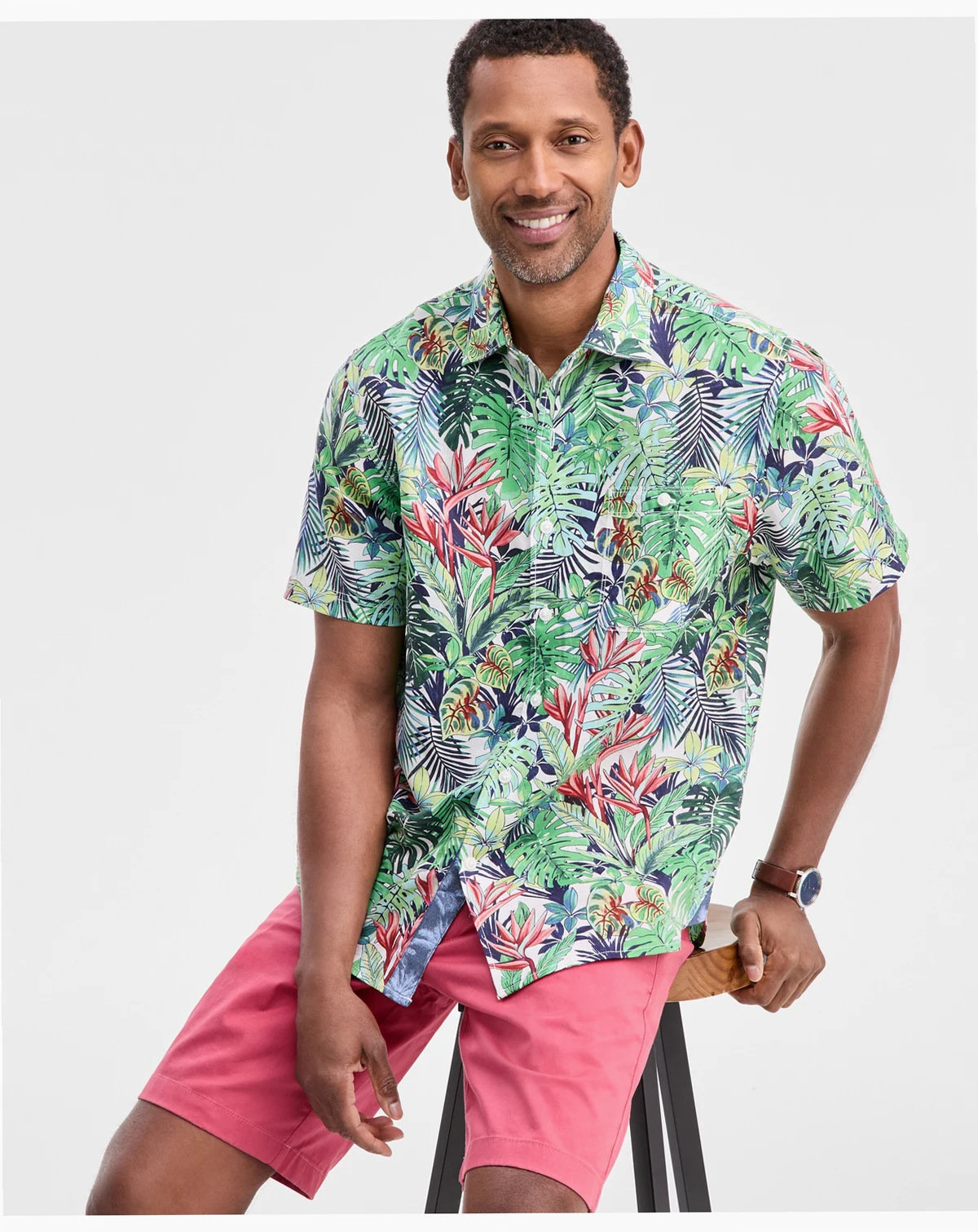 Men's Sand Linen Verde Gardens Printed Short-Sleeve Shirt