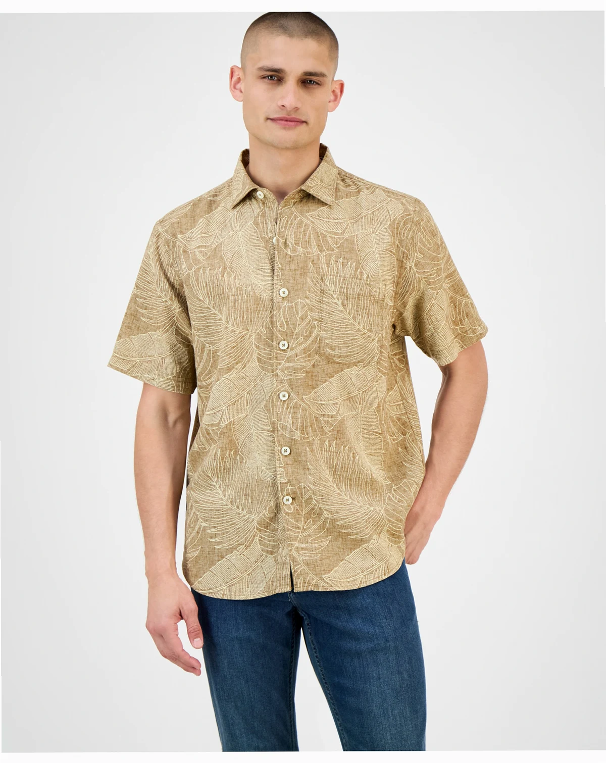 Men's Sand Desert Leaf-Print Linen Blend Shirt
