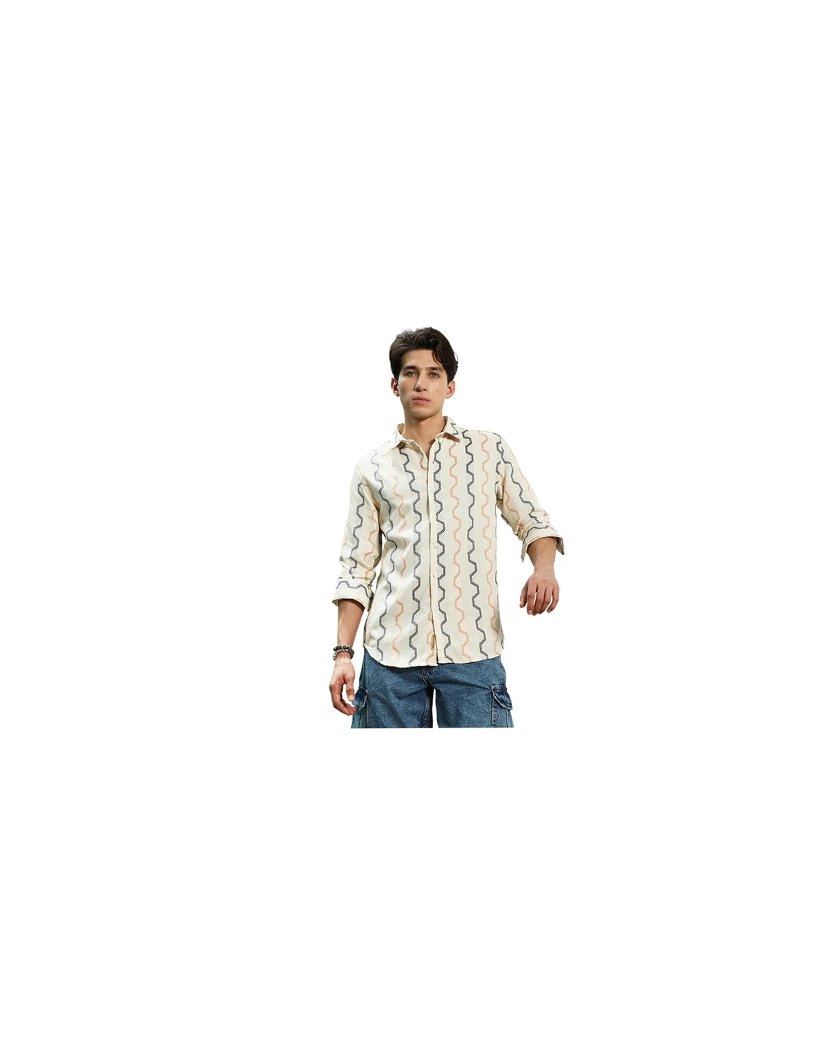 Men's Off White Zigzag Pattern Full Sleeve Cotton Blend Shirt