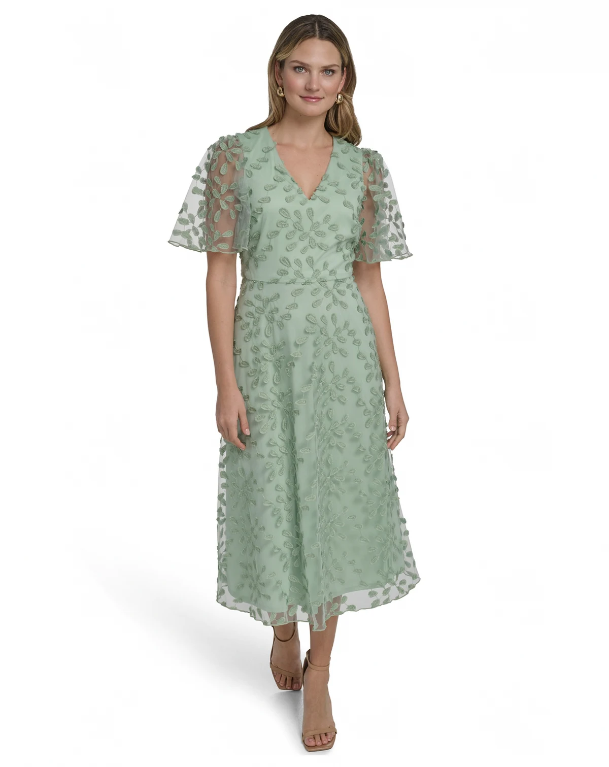 Petite Flutter-Sleeve V-Neck Midi Dress