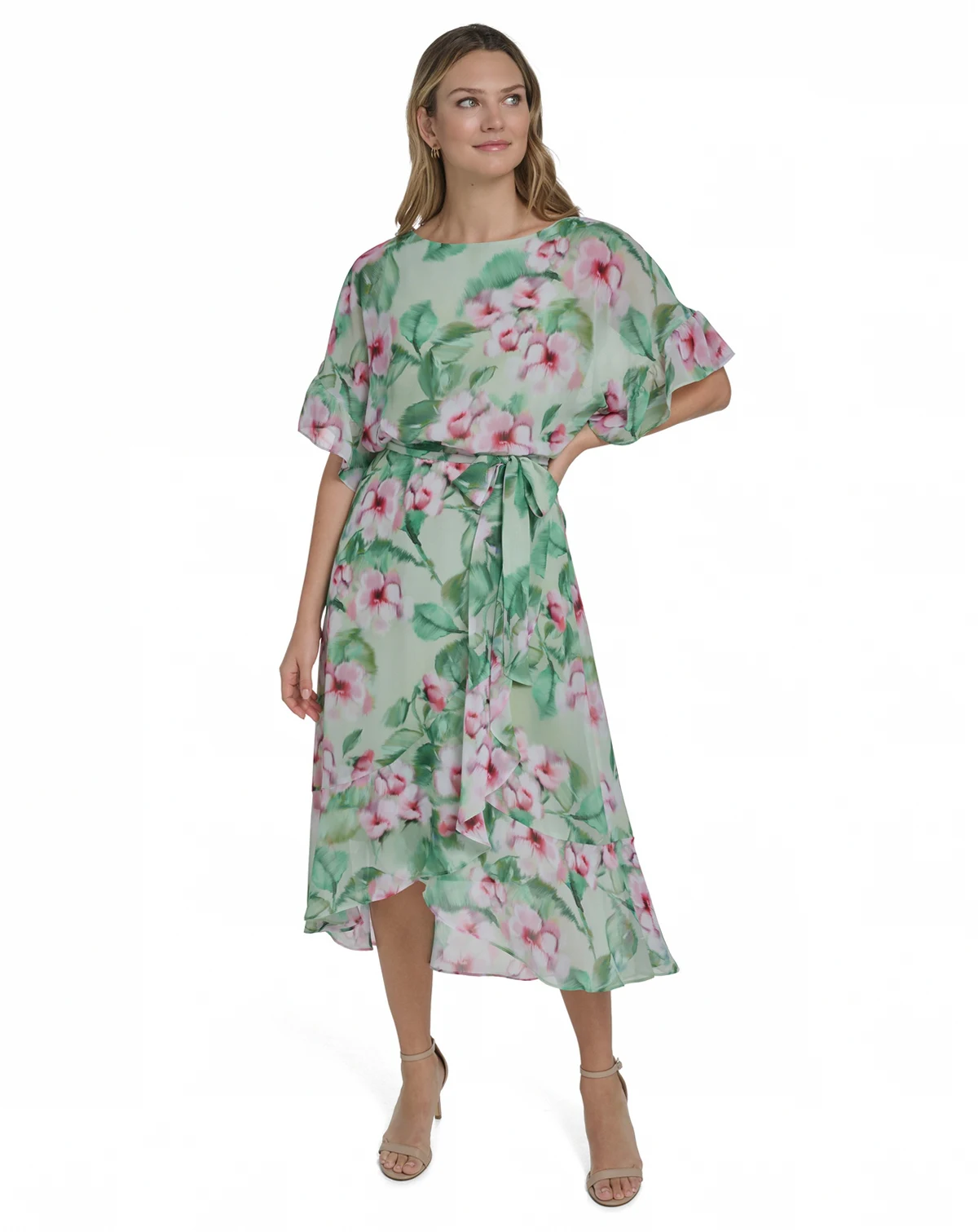 Petite Jewel Neck Ruffle Sleeve Dress